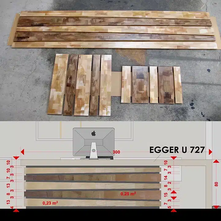 Salle d'attente n°2 - Projet avec un architecte, de différentes lames de bois recouvertes de placages en bois, pour un bureau.